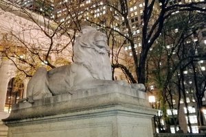 Die berühmten Löwenstatuen, die den Eingang der Bibliothek flankieren